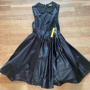 NWT Alice + Olivia black pleated lined studded collar A-line dress size 2